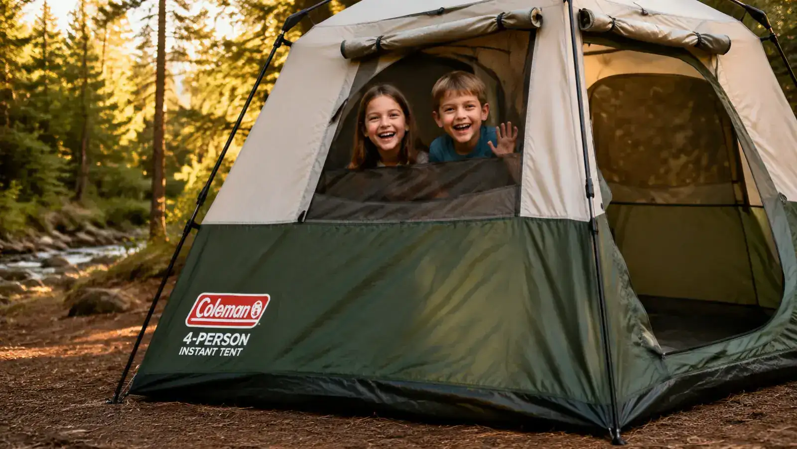 Interior view of a family tent showing a fabric room divider separating two sleeping areas