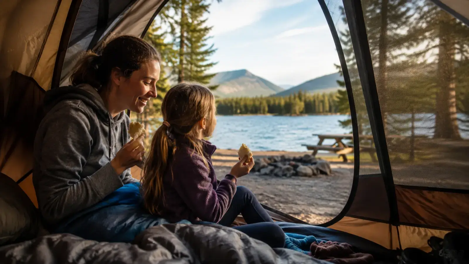 Camping tent standing in rain, water beading on the fly while a campfire burns under a canopy nearby