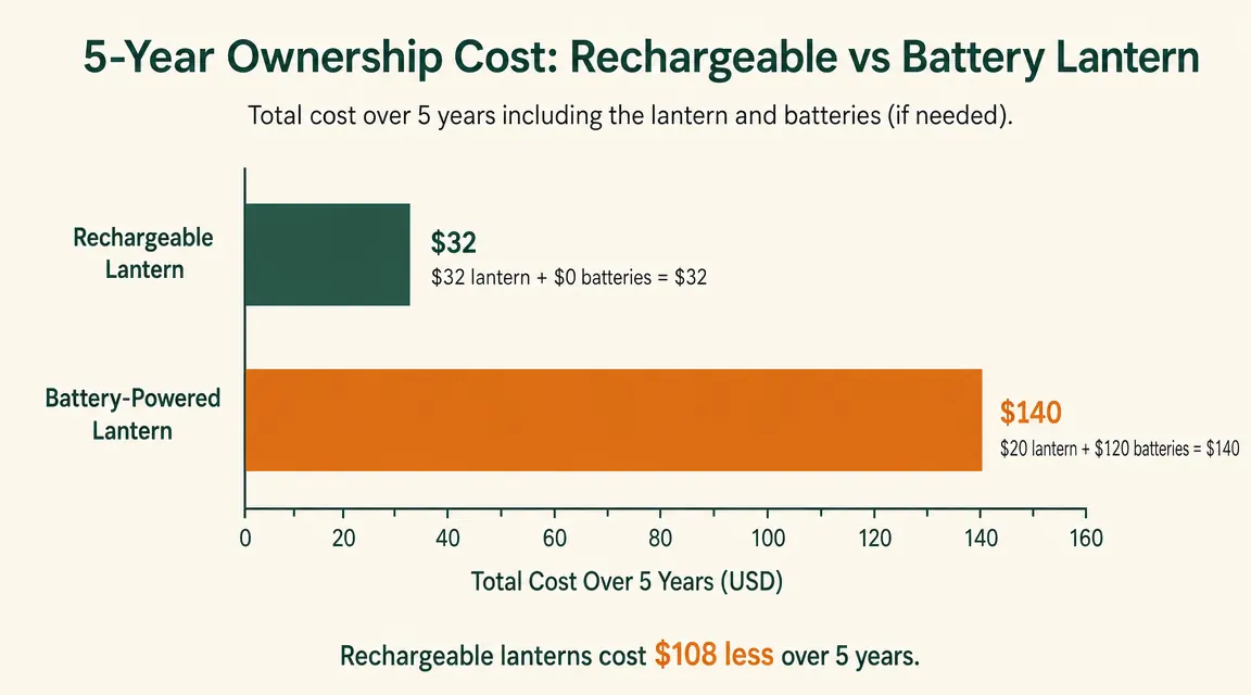 Bar chart comparing cost of AA batteries over 20 camping trips versus zero battery cost for rechargeable lantern