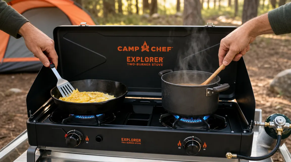 Camp Chef Explorer two-burner stove with modular legs deployed, sitting level on uneven ground at a campsite