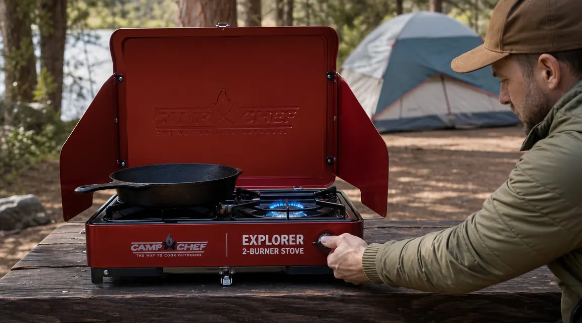 Close-up of a hand adjusting the burner dial on the Camp Chef Explorer stove while a pot simmers on the left burner