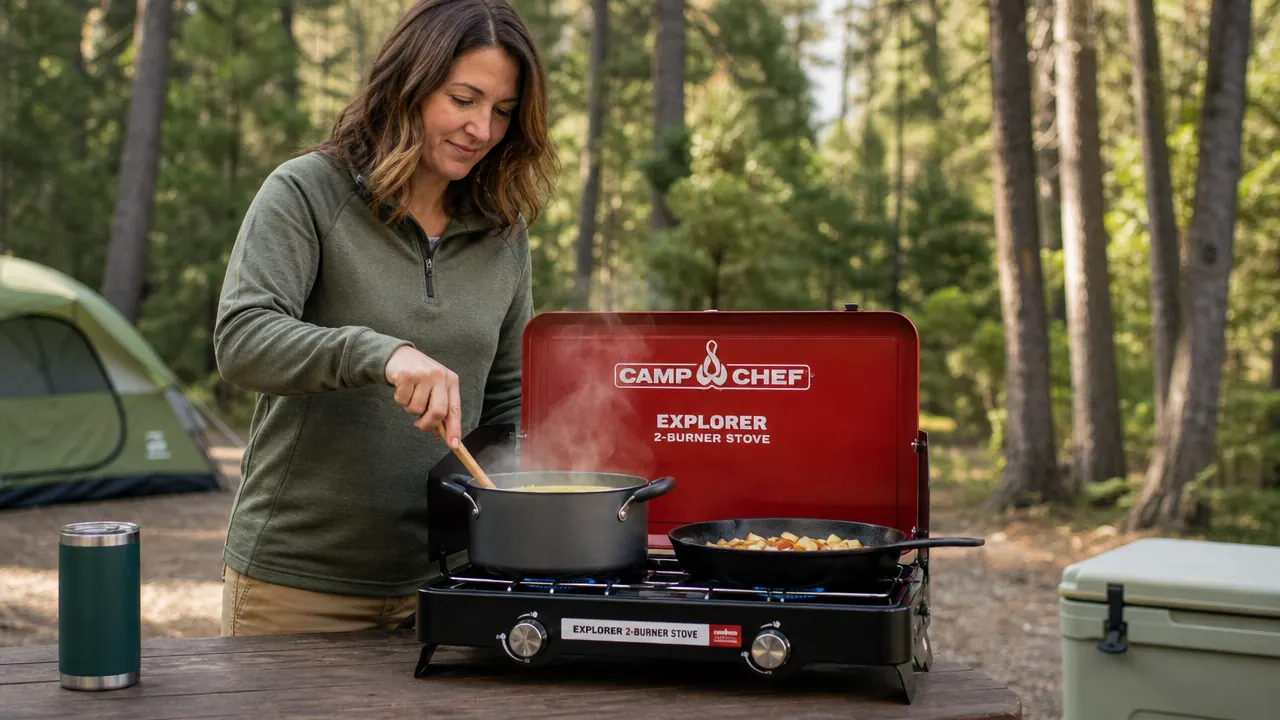 Camp Chef Explorer stove with a 12-inch cast iron skillet cooking eggs and bacon, two people visible in background setting up camp chairs