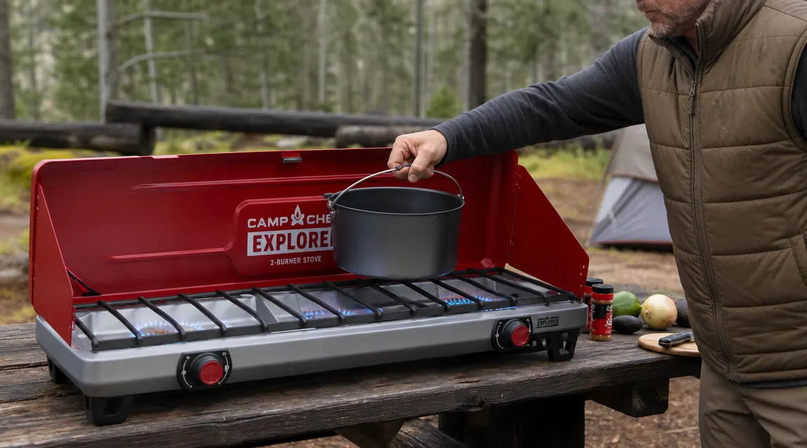 Close-up of Camp Chef Explorer burner grate with cast iron pan, hand adjusting the propane valve knob