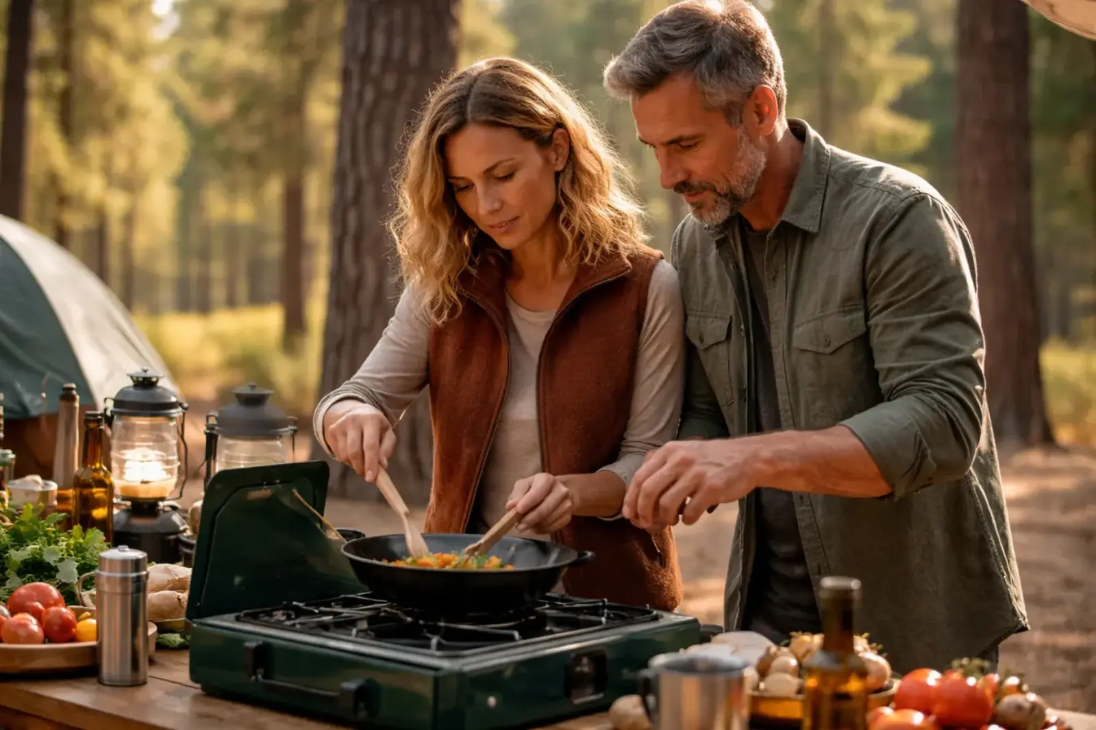Full camp breakfast spread on a picnic table: scrambled eggs in cast iron, pancakes on a griddle, coffee mugs, orange slices on a cutting board