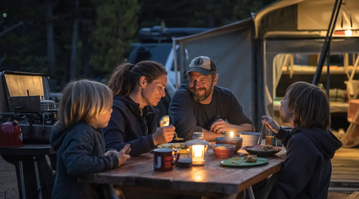 Campsite at dusk with two adults sitting near a camp stove, mugs in hand, relaxed after dinner