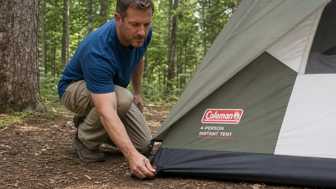 Close-up of pre-attached tent pole hinge junction showing plastic connector detail on Coleman Instant Tent