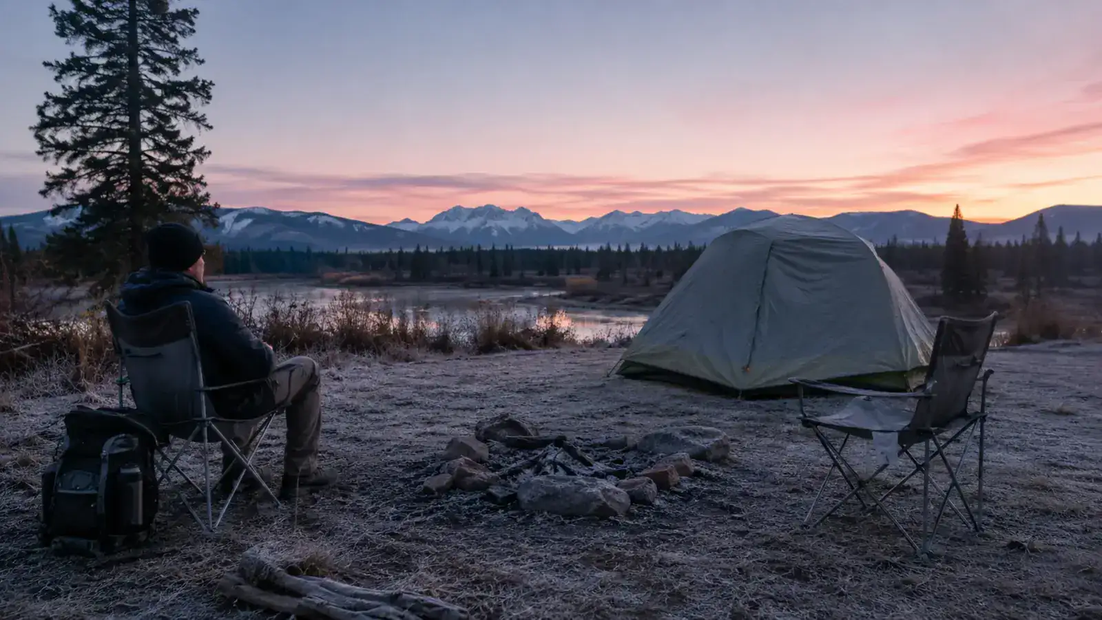 Camper struggling to fold and compress a large tent back into its carry bag on a gravel campsite