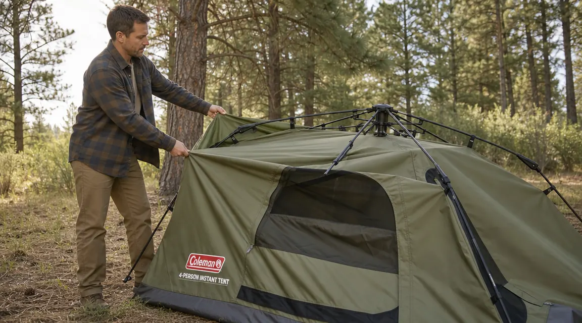 Man unfolding pre-attached tent poles from the collapsed Coleman Instant Tent bag in a campsite parking area