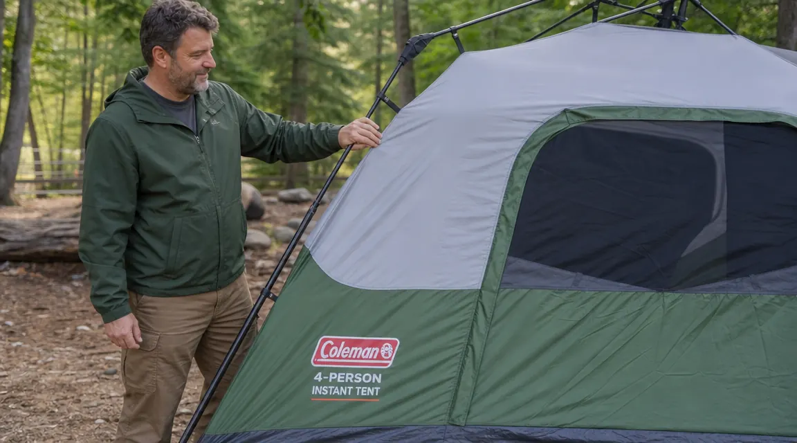 Person unfolding pre-attached poles on a large instant-setup camping tent
