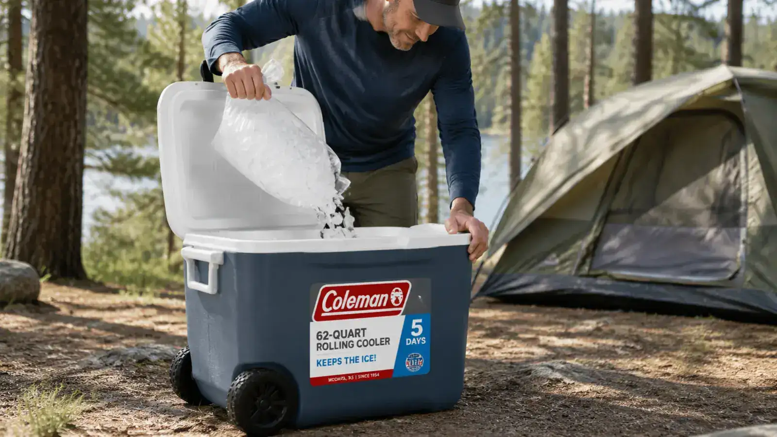 Close-up of the Coleman rolling cooler's rear axle and plastic wheels on rough gravel campsite surface