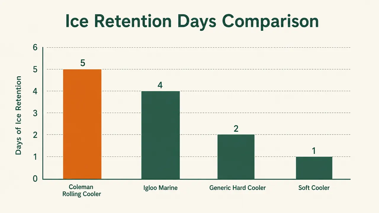 Chart showing ice retention in hours for the Coleman 62-qt rolling cooler across four conditions: shade-packed, sun-exposed, pre-chilled, and no pre-chill