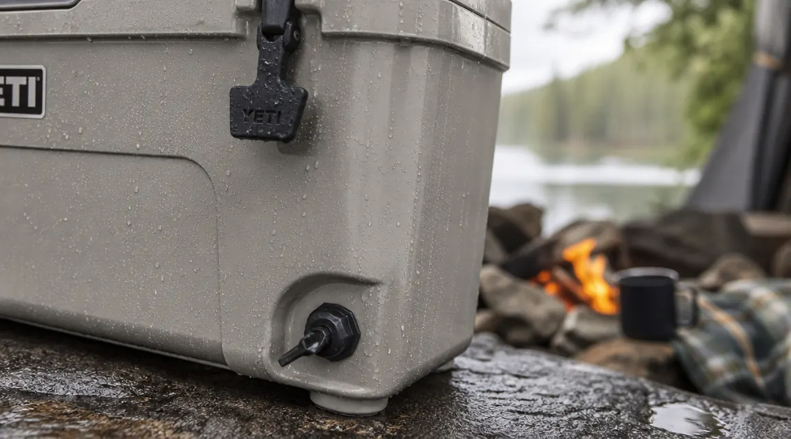 Coleman rolling cooler being wheeled across a gravel campsite path toward a fire ring