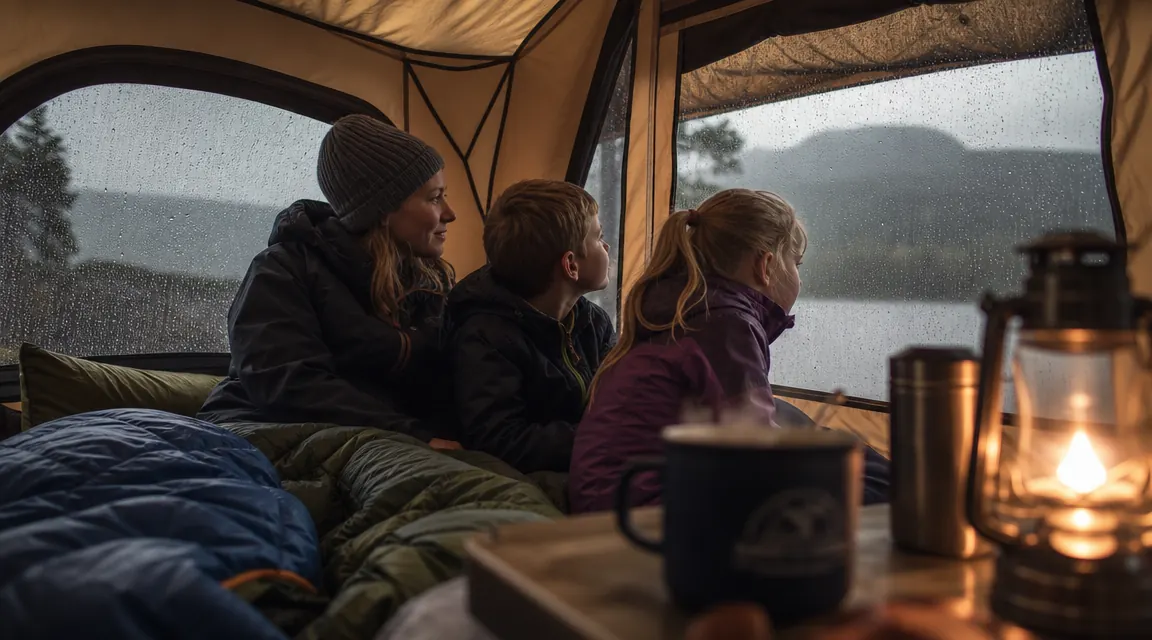 Dad and two kids eating breakfast outside the tent at a picnic table, early morning light, mountains in the background