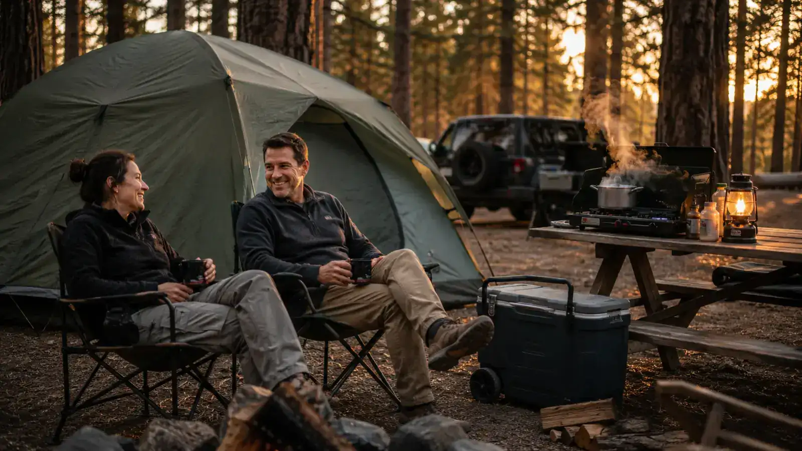 A backpacking tent pitched on a quiet ridge at golden hour with mountains in the background