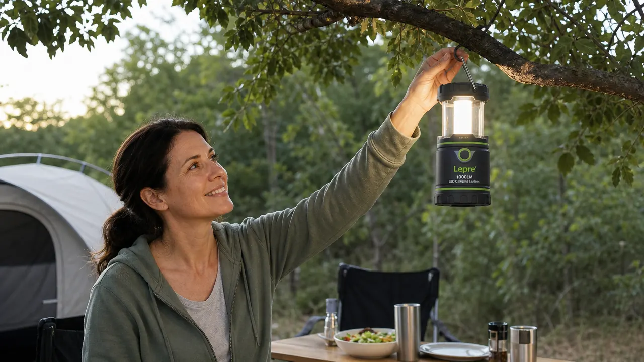 Lepro lantern hanging from a tent ridgeline hook inside a tent, casting diffuse light across sleeping bags