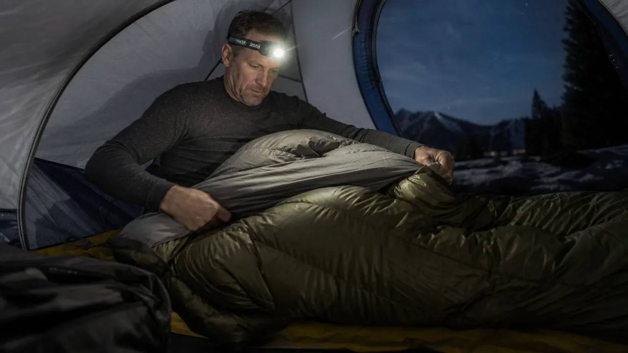 Sleeping pad R-value comparison laid out on a tent floor next to a compressed sleeping bag stuff sack