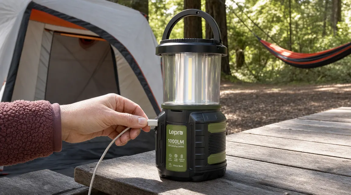 Lepro lantern hanging from a carabiner clipped to a tent pole inside a tent, casting even overhead light across a sleeping pad