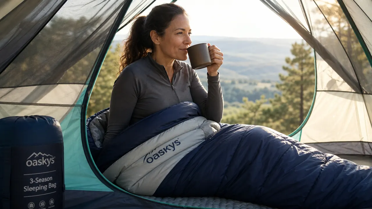 sleeping bag compressed inside its stuff sack sitting next to a water bottle for size reference on a picnic table