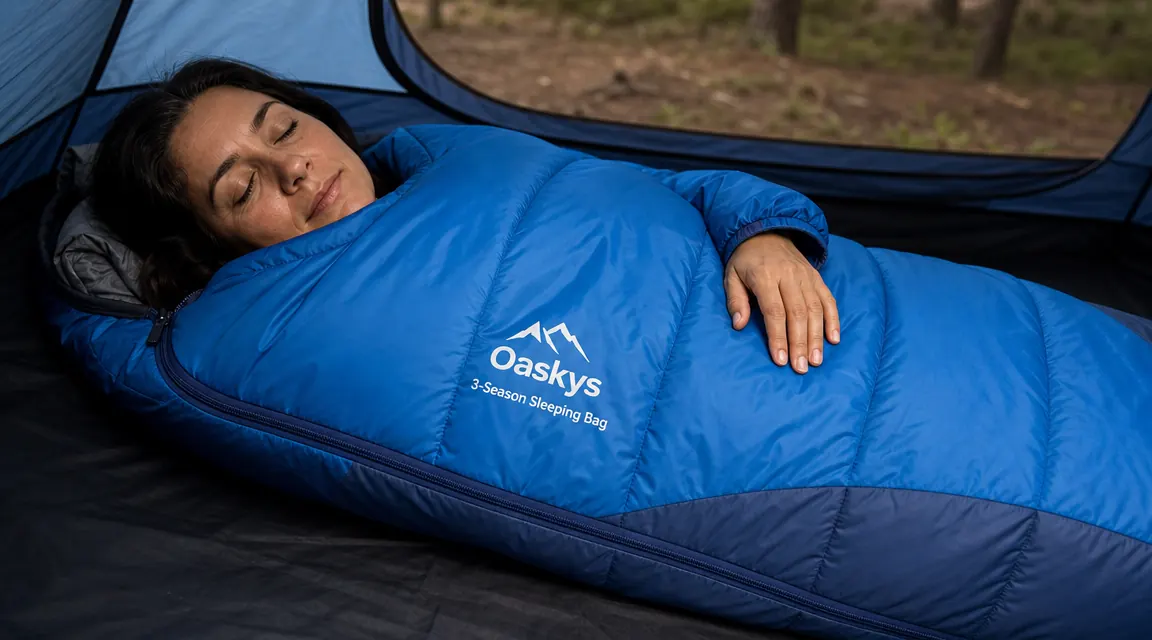 oaskys sleeping bag compressed and stuffed into its carry sack next to a boot for size comparison