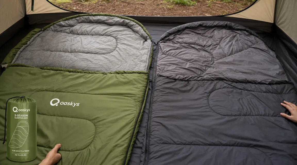 Camper sliding into an oaskys sleeping bag inside a tent, flashlight on nearby